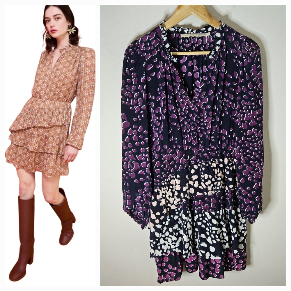 Marie Oliver Alana Mini Dress Purple Tiered Ruffles Silk Longsleeve XS